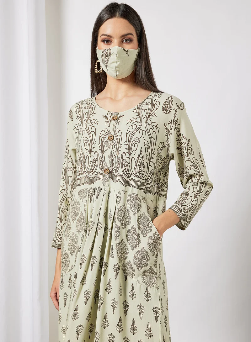 HANA & SARA All Over Printed Round Neck Three Quarter Sleeve Jalabiya With Facemask