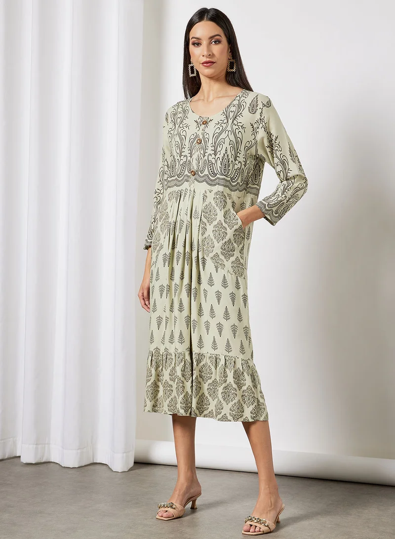 HANA & SARA All Over Printed Round Neck Three Quarter Sleeve Jalabiya With Facemask