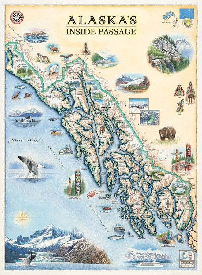 Xplorer Maps Alaska's Inside Passage Hand-Drawn Map - 24x18 Vintage-Style Lithographic Print - Made in USA - Image 1