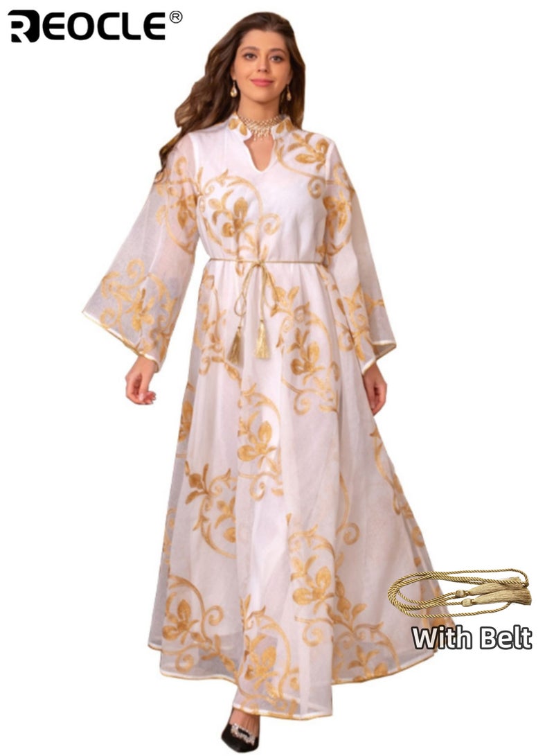 REOCLE Women's Maxi Skirt Elegant Embroidered Long Dress with Flared Sleeves & Tie Waist Detail Luxurious Floral Embellished Formal Gown for Special Occasions& daily celebrations - Image 3