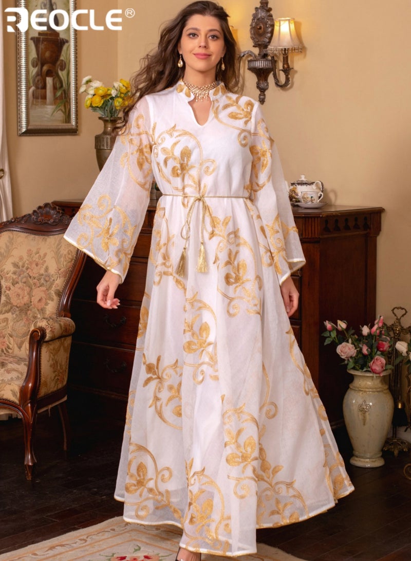 REOCLE Women's Maxi Skirt Elegant Embroidered Long Dress with Flared Sleeves & Tie Waist Detail Luxurious Floral Embellished Formal Gown for Special Occasions& daily celebrations - Image 2