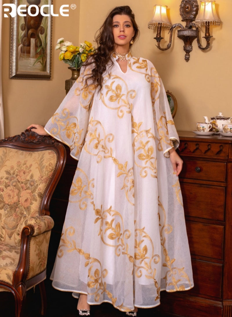 REOCLE Women's Maxi Skirt Elegant Embroidered Long Dress with Flared Sleeves & Tie Waist Detail Luxurious Floral Embellished Formal Gown for Special Occasions& daily celebrations - Image 1