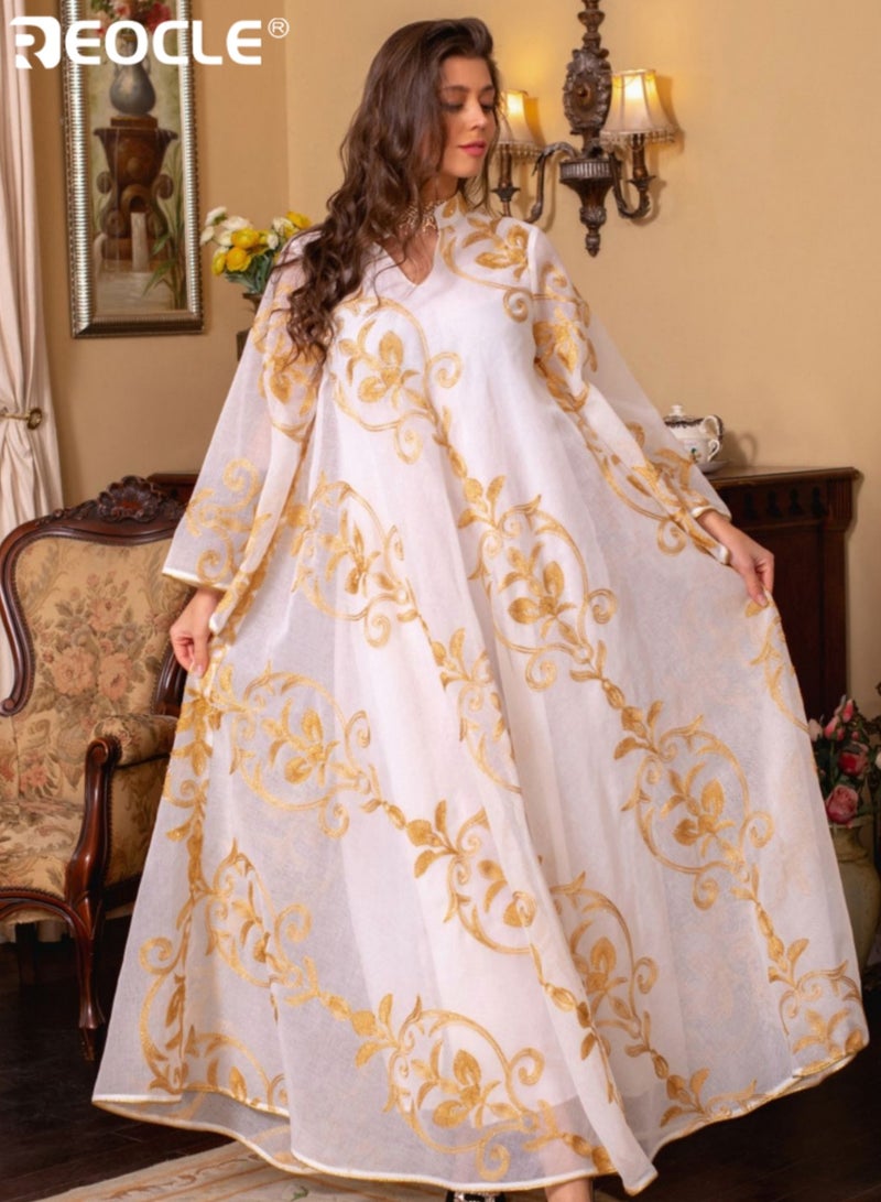 REOCLE Women's Maxi Skirt Elegant Embroidered Long Dress with Flared Sleeves & Tie Waist Detail Luxurious Floral Embellished Formal Gown for Special Occasions& daily celebrations - Image 4