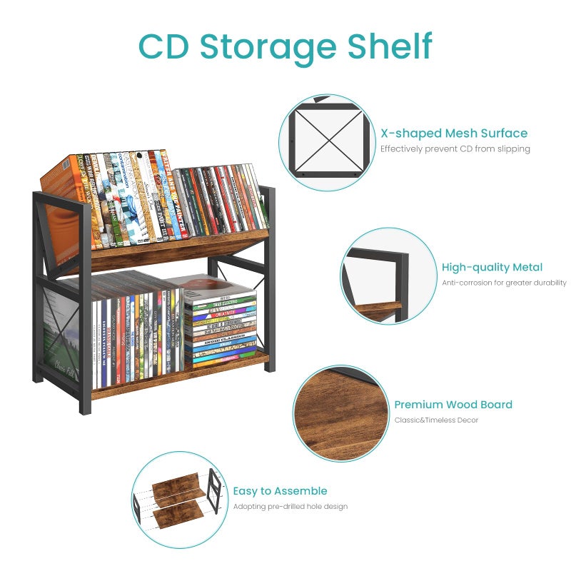 ELITEROO 2-Tier CD Holder, Wooden DVD Storage Rack for Display, Tilting CD Shelf Holds Up to Standard CDs 80 Cases or DVDs 56 cases, Retro Desk DVD Organizer Tower for Music Enthusiasts, Rustic Brown - Image 4