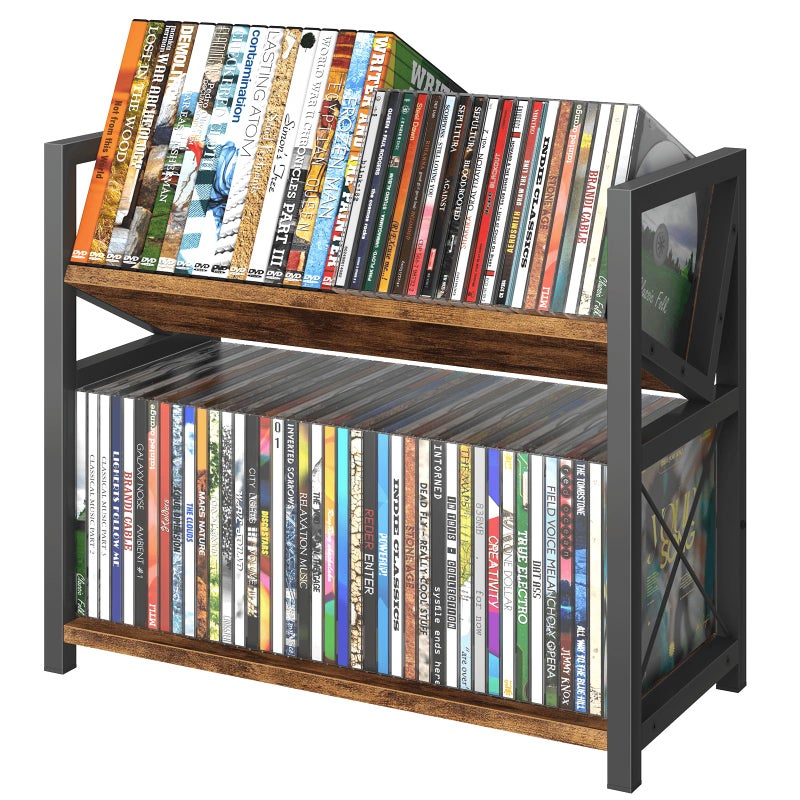 ELITEROO 2-Tier CD Holder, Wooden DVD Storage Rack for Display, Tilting CD Shelf Holds Up to Standard CDs 80 Cases or DVDs 56 cases, Retro Desk DVD Organizer Tower for Music Enthusiasts, Rustic Brown - Image 1