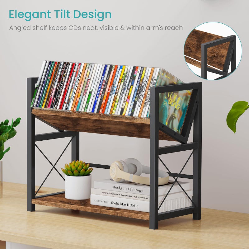 ELITEROO 2-Tier CD Holder, Wooden DVD Storage Rack for Display, Tilting CD Shelf Holds Up to Standard CDs 80 Cases or DVDs 56 cases, Retro Desk DVD Organizer Tower for Music Enthusiasts, Rustic Brown - Image 2