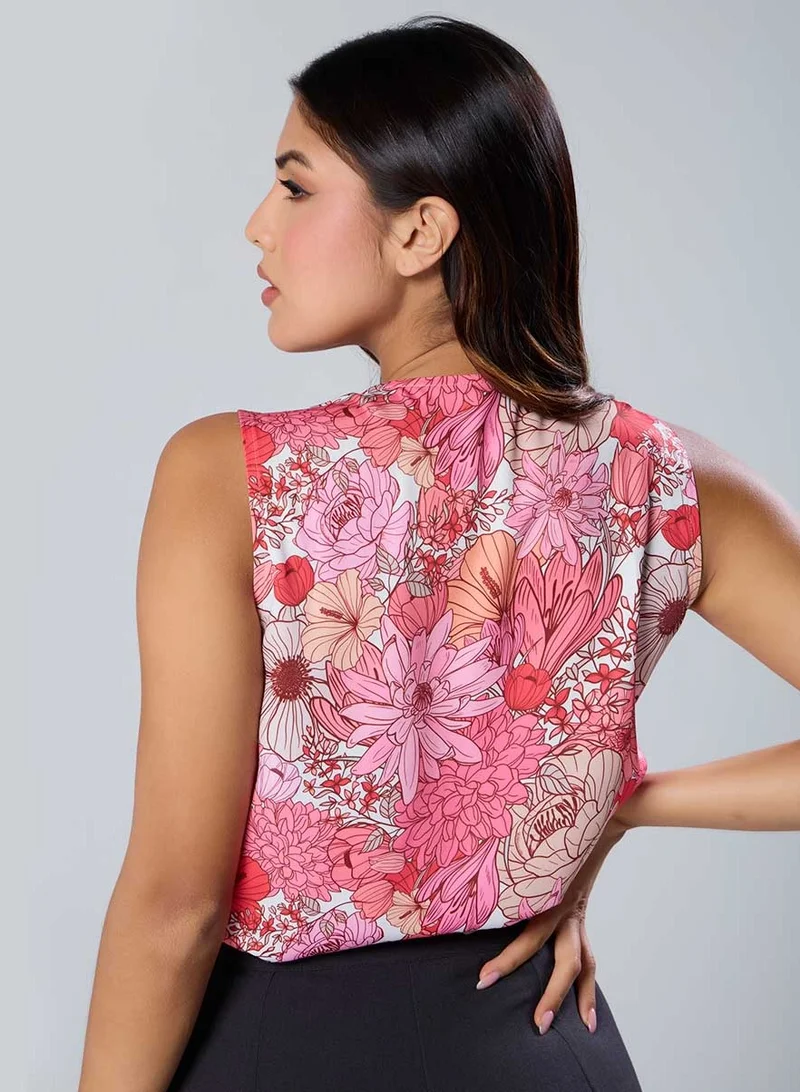 Zigzag Neck Pleated Printed Pink Top