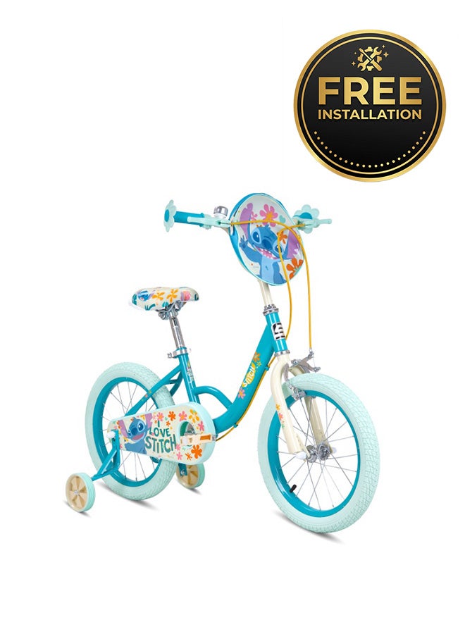 Spartan | 16" Disney Stitch Kids Bicycle - Ergonomic Steel Frame, Child-Safe Caliper Brakes, Reinforced Removable Training Wheels, Quick-Release Seatpost, Full Chain Guard, 16" Air Tyres, Stitch Design | SP-3320-16 - Image 1