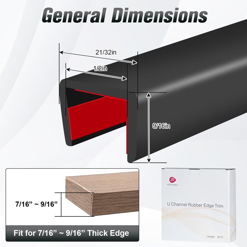 Protalwell Rubber Edge Trim, Self Adhesive U Channel Edge Trim, Big Size U Shaped Trim, Edge Banding For Plywood, Woods, Shelf, Cabinet, Countertop, Fit For 1/2"", Length 20Ft, Black - Image 2