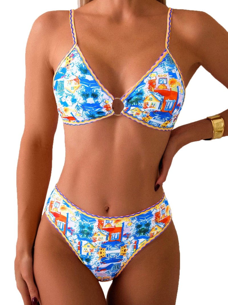 Tainehs Women's Two Piece Bikini Sets O Ring Front Top Ditsy Floral Triangle Swimsuits Cheeky Bathing Suit - Image 1