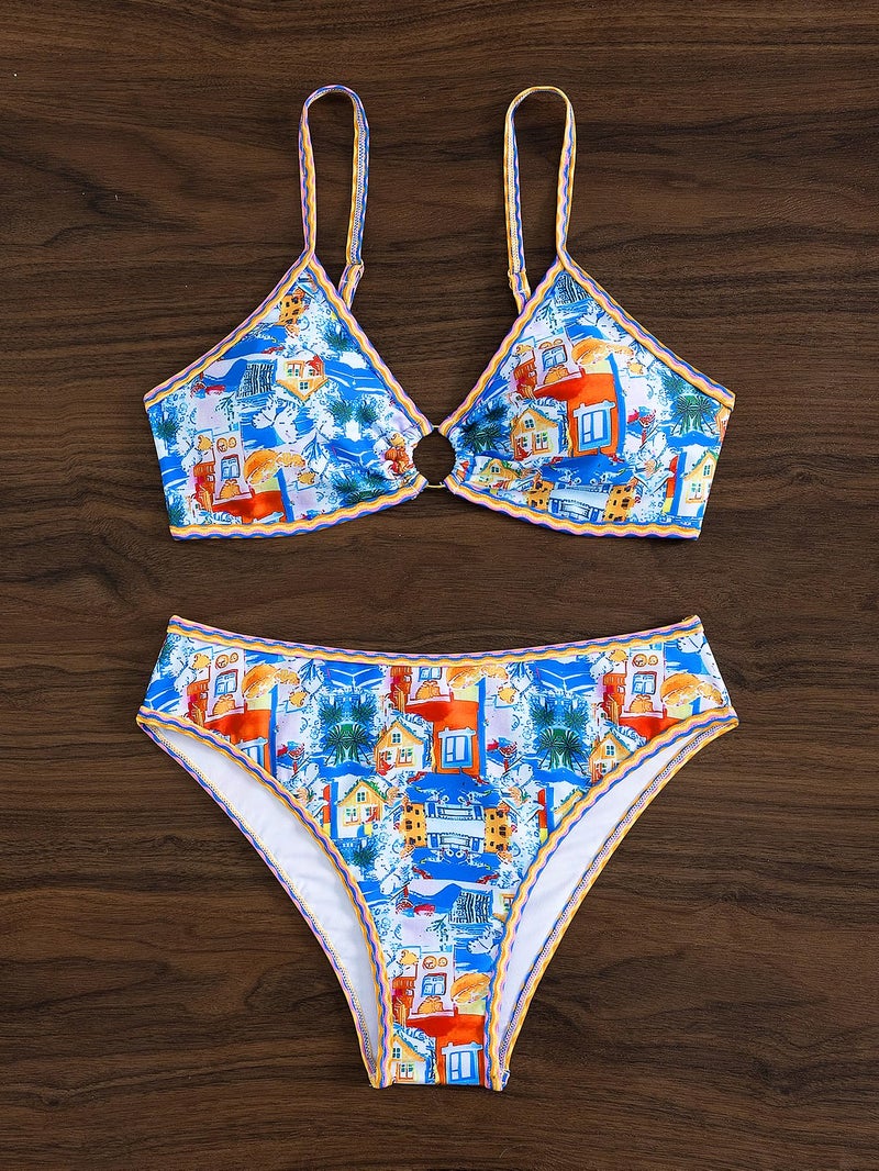 Tainehs Women's Two Piece Bikini Sets O Ring Front Top Ditsy Floral Triangle Swimsuits Cheeky Bathing Suit - Image 4