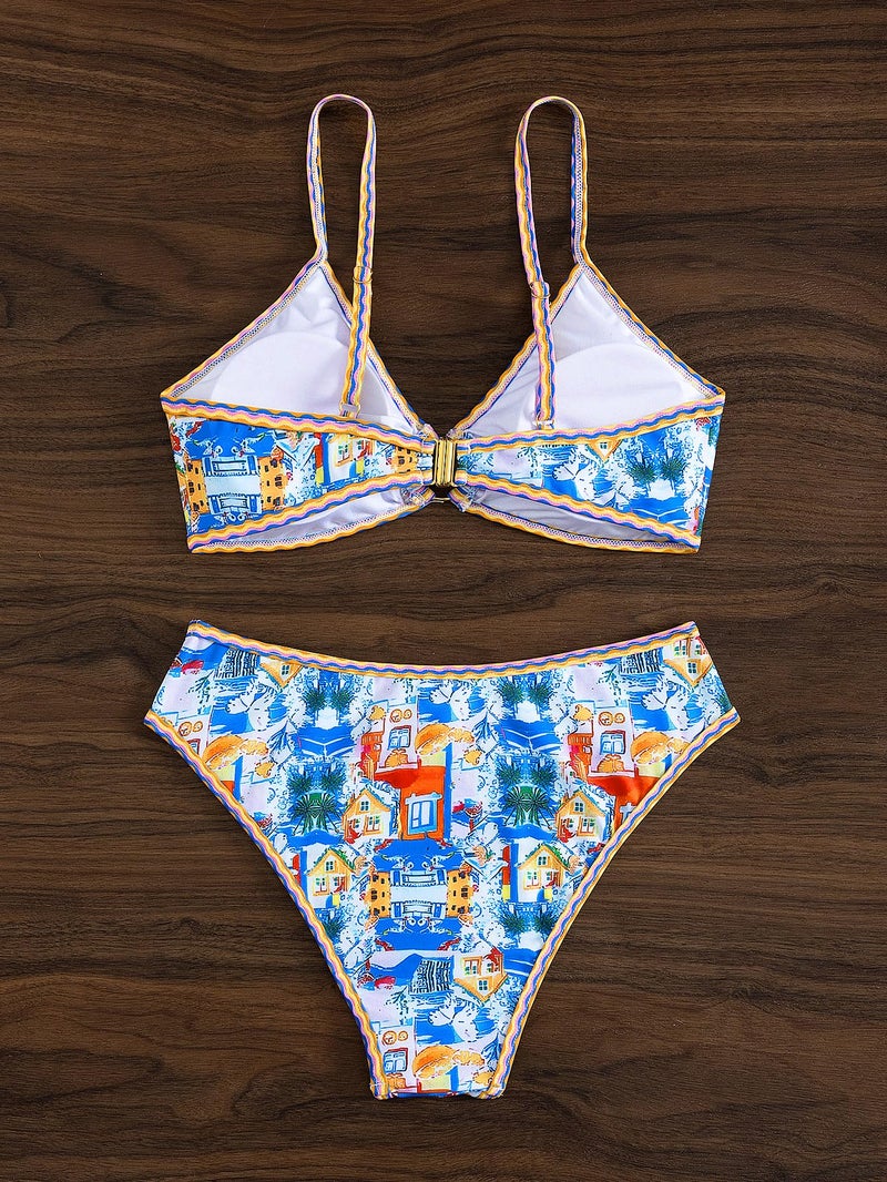 Tainehs Women's Two Piece Bikini Sets O Ring Front Top Ditsy Floral Triangle Swimsuits Cheeky Bathing Suit - Image 5