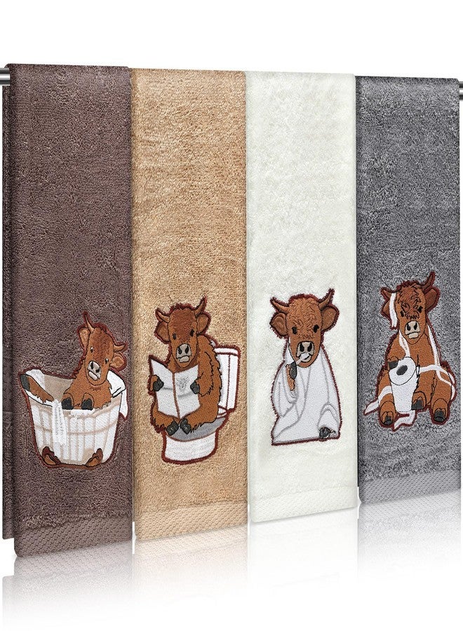 SmoothNovelty 4 Pcs Highland Cow Bathroom Towels Cow Hand Face Wash Towels 29" x 13" Cotton Funny Embroidered Farmhouse Decorative Bathroom Decoration for Kitchen Accessories Housewarming - Image 1