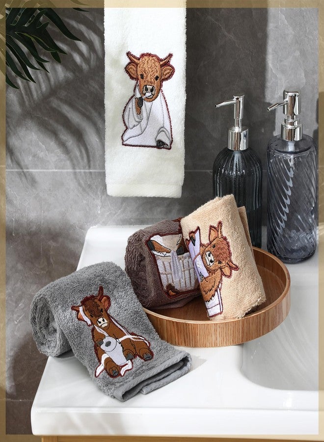 SmoothNovelty 4 Pcs Highland Cow Bathroom Towels Cow Hand Face Wash Towels 29" x 13" Cotton Funny Embroidered Farmhouse Decorative Bathroom Decoration for Kitchen Accessories Housewarming - Image 3