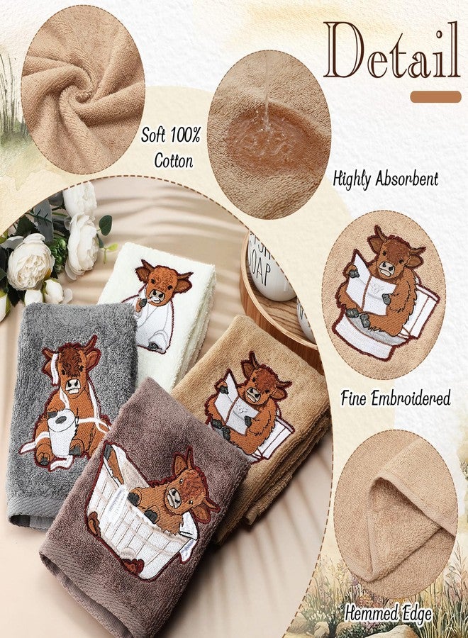 SmoothNovelty 4 Pcs Highland Cow Bathroom Towels Cow Hand Face Wash Towels 29" x 13" Cotton Funny Embroidered Farmhouse Decorative Bathroom Decoration for Kitchen Accessories Housewarming - Image 4