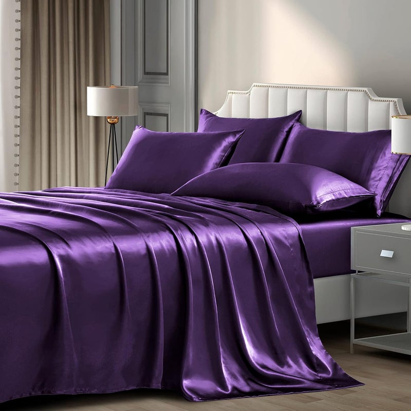 P Pothuiny 6 Pieces Queen Satin Sheets Luxury Purple Satin Bedding Sheet Set, 1 Deep Pocket Fitted Sheet + 1 Flat Sheet + 4 Pillow Cases - Image 1