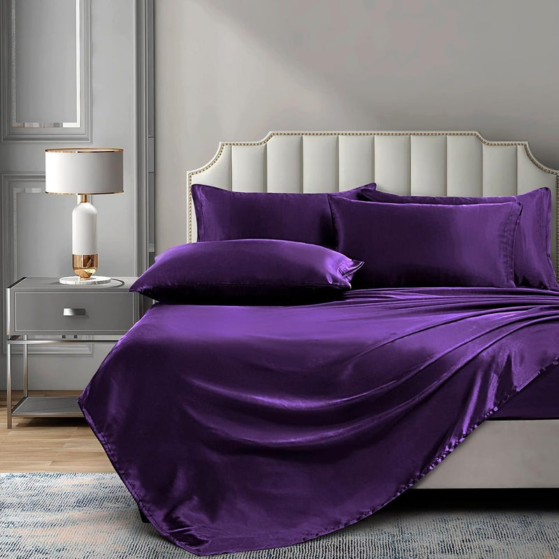 P Pothuiny 6 Pieces Queen Satin Sheets Luxury Purple Satin Bedding Sheet Set, 1 Deep Pocket Fitted Sheet + 1 Flat Sheet + 4 Pillow Cases - Image 3