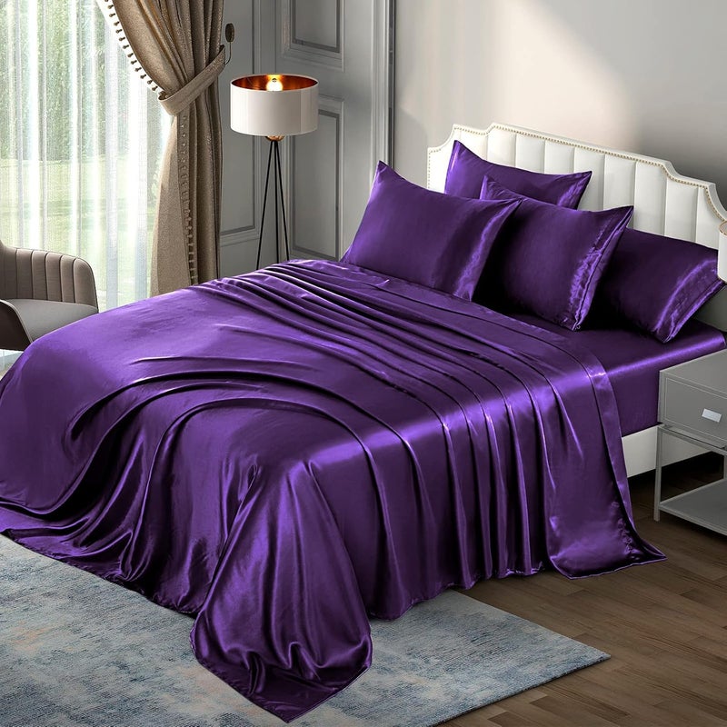 P Pothuiny 6 Pieces Queen Satin Sheets Luxury Purple Satin Bedding Sheet Set, 1 Deep Pocket Fitted Sheet + 1 Flat Sheet + 4 Pillow Cases - Image 2