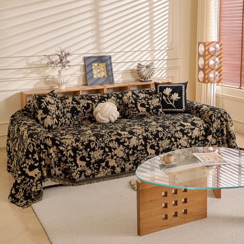 DREAMINGO Black Vintage Couch Cover Botanical Deer Jacquard Sofa Covers for 3 Cushion Couch Washable Chenille Furniture Protector Throw Slipcovers for 3 Seat Sectional Sofa, X-Large 71"x134" - Image 1