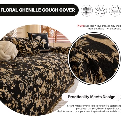 DREAMINGO Black Vintage Couch Cover Botanical Deer Jacquard Sofa Covers for 3 Cushion Couch Washable Chenille Furniture Protector Throw Slipcovers for 3 Seat Sectional Sofa, X-Large 71"x134" - Image 3