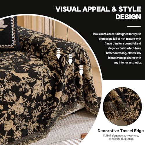 DREAMINGO Black Vintage Couch Cover Botanical Deer Jacquard Sofa Covers for 3 Cushion Couch Washable Chenille Furniture Protector Throw Slipcovers for 3 Seat Sectional Sofa, X-Large 71"x134" - Image 4