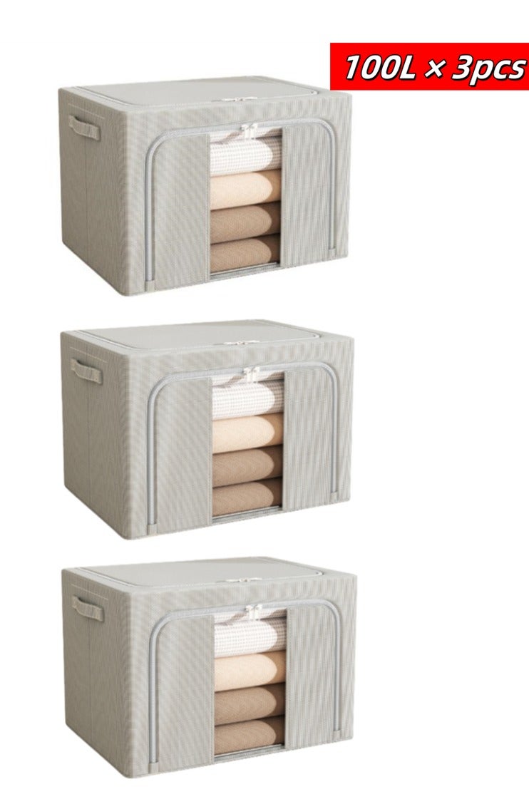 3pcs Clothes Stroage Boxes, Folding Clothes Storage Bins Closet organizers with Metal Frame, 66L Storage Containers Fabric Bags with Zipper and Clear Windows (3pcs × 100L） - Image 1
