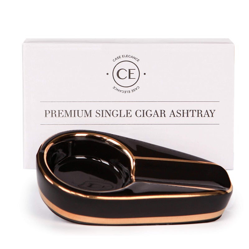 CASE ELEGANCE Black and Gold Inlay Ceramic Ashtray for Single Cigar - Image 2
