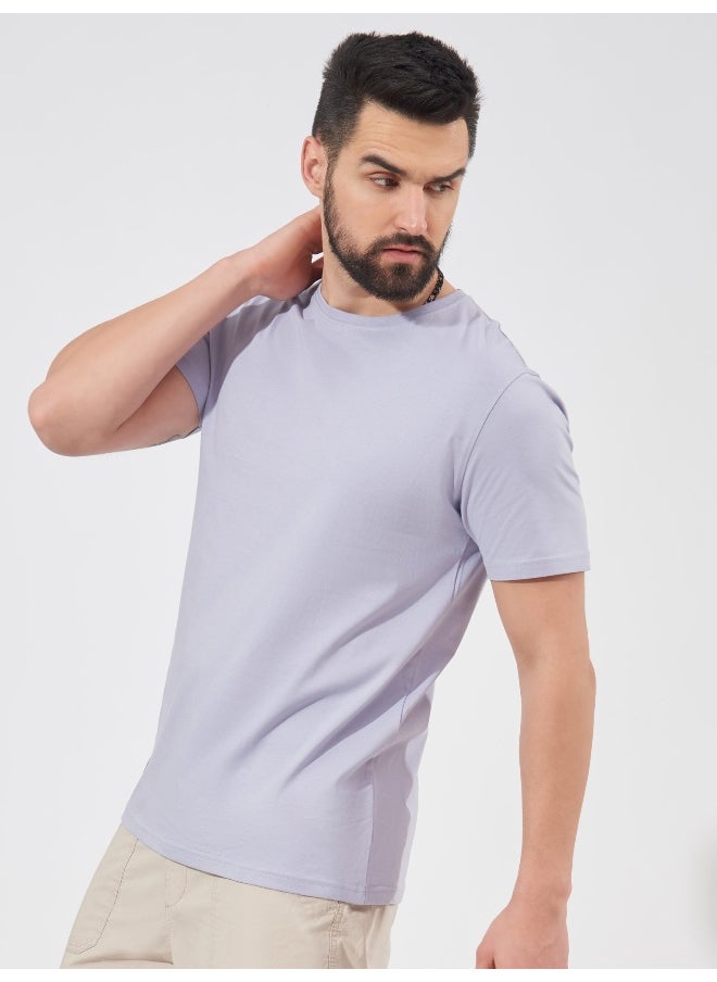 Maniac Mens Solid Half Sleeve Round Neck Lavender Cotton Slim Fit T-Shirt  - Image 3