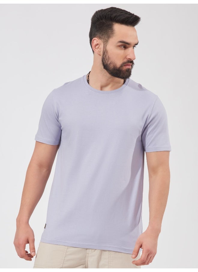 Maniac Mens Solid Half Sleeve Round Neck Lavender Cotton Slim Fit T-Shirt  - Image 1