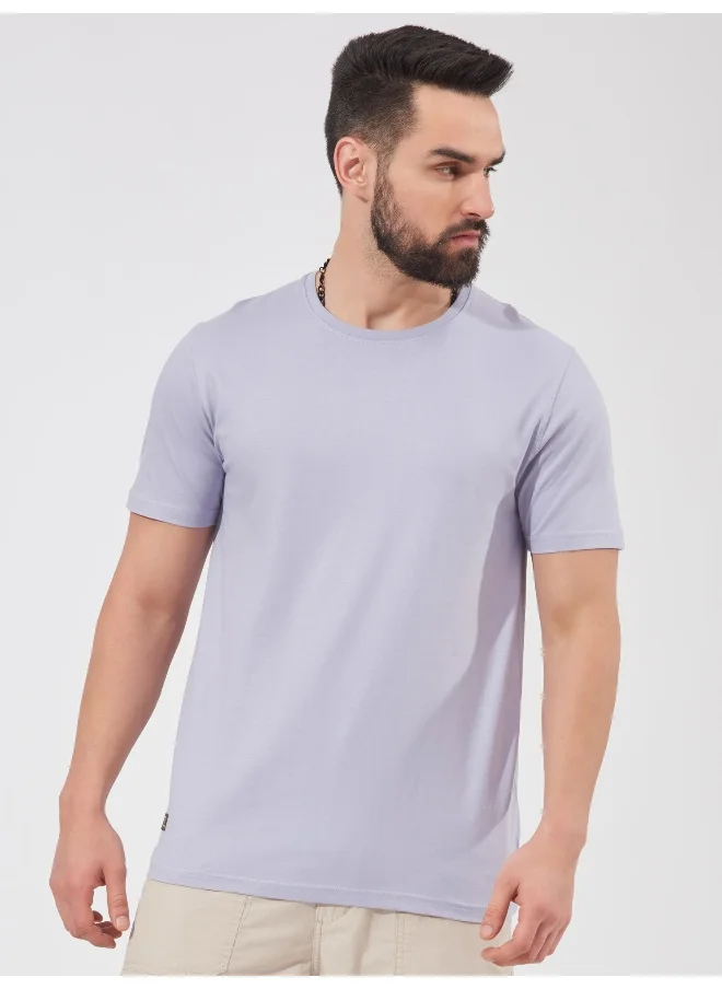 مانياك Mens Solid Half Sleeve Round Neck Lavender Cotton Slim Fit T-Shirt