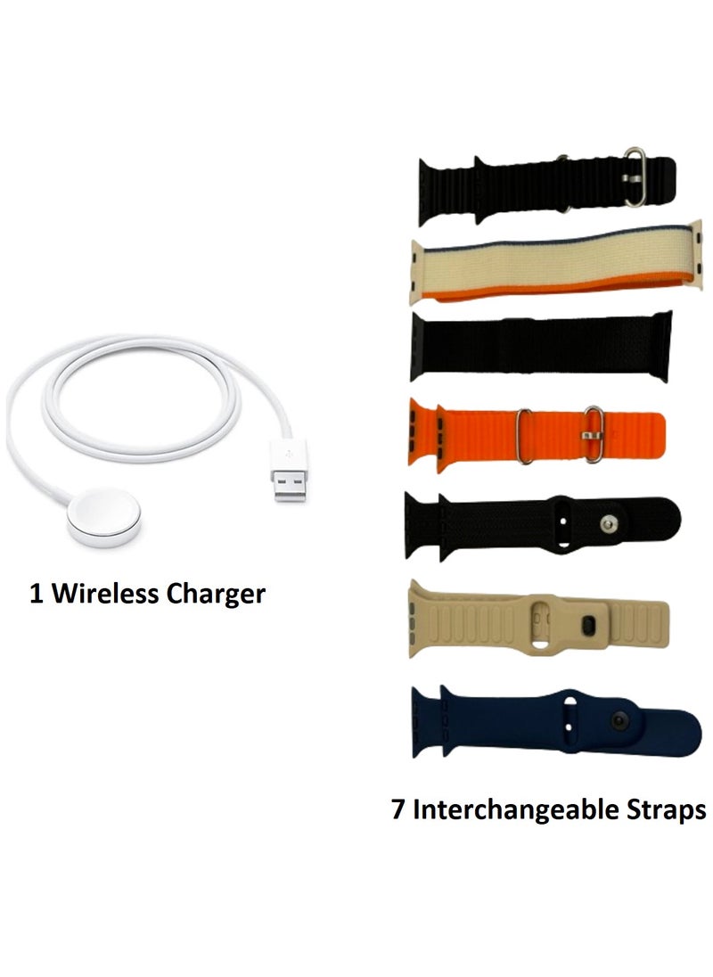 Smart Watch Ultra with Wireless Charger - 49mm Large Screen, 7 Interchangeable Straps, Heart Rate Monitoring, Messaging, Breathing App, WhatsApp, Music Control, Sleep Tracking & More