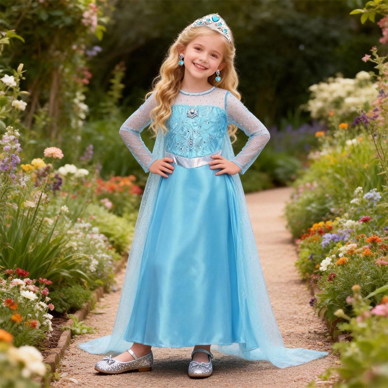 Luzlen Elsa Dress for Girls Toddler Snow Princess Costume Blue with Wig Halloween Birthday Party Dress Up Outfits, 4-5T(Tag 120) - Image 2