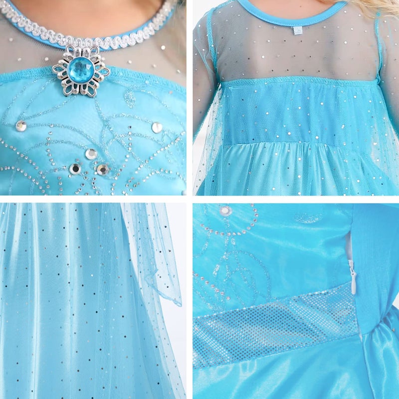 Luzlen Elsa Dress for Girls Toddler Snow Princess Costume Blue with Wig Halloween Birthday Party Dress Up Outfits, 4-5T(Tag 120) - Image 5