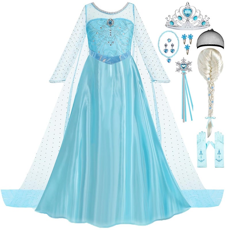 Luzlen Elsa Dress for Girls Toddler Snow Princess Costume Blue with Wig Halloween Birthday Party Dress Up Outfits, 4-5T(Tag 120) - Image 1