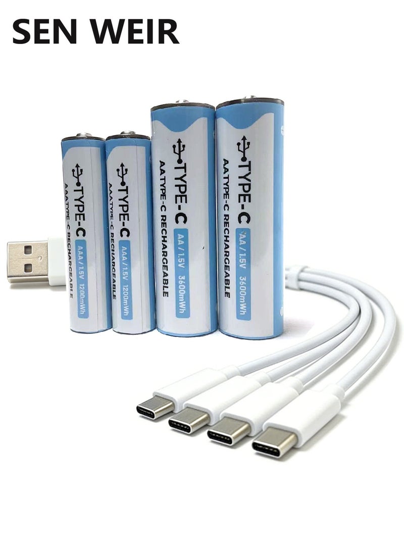 SEN WEIR 4-Pack AA & AAA Lithium Rechargeable Batteries with Type-C Cable | 2x AA 3600mWh & 2x AAA 1200mWh | Constant 1.5V Output for Game Controllers, Cameras, Shavers, Remotes & Toys | Fast Charge 1200 Cycles - Image 2