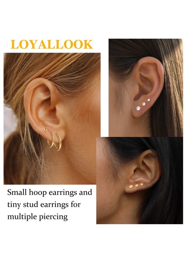 LOYALLOOK Gold Plated Cartilage Earrings Tiny Stud Earrings Stainless Steel Earring Sets For Multiple Piercings Small Huggie Hoop Earrings Cz Ball Flat Back Earrings For Women, Gold - Image 3