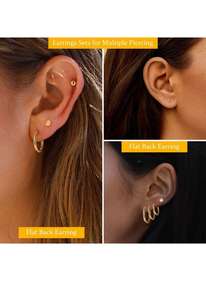 LOYALLOOK Gold Plated Cartilage Earrings Tiny Stud Earrings Stainless Steel Earring Sets For Multiple Piercings Small Huggie Hoop Earrings Cz Ball Flat Back Earrings For Women, Gold - Image 2