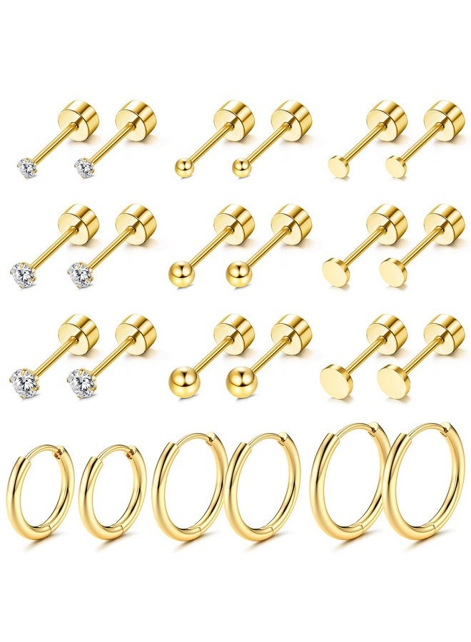 LOYALLOOK Gold Plated Cartilage Earrings Tiny Stud Earrings Stainless Steel Earring Sets For Multiple Piercings Small Huggie Hoop Earrings Cz Ball Flat Back Earrings For Women, Gold - Image 1