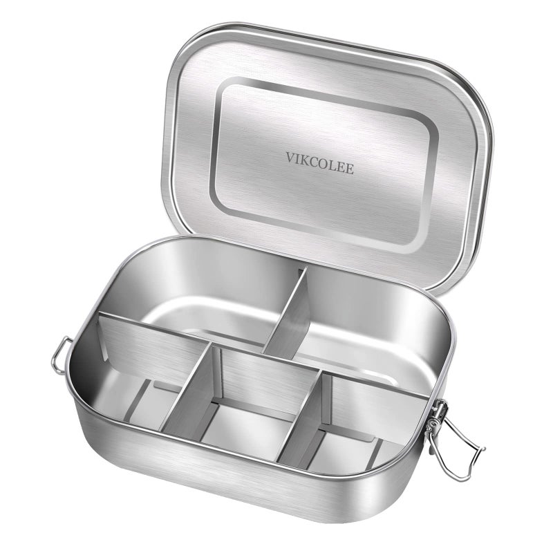 VIKCOLEE Stainless Steel Bento Lunch Food Box Container  5-Compartment Large 1400ML Metal Lunch Box Container for Adults with Lockable Clips to Leak - Dishwasher Safe - Image 1