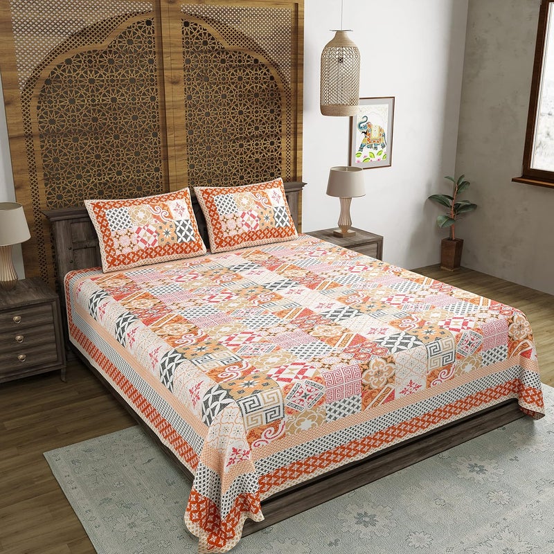 BLOCKS OF INDIA أغطية سرير كينغ بحجم قطن مطبوع يدويًا من الهند بلون برتقالي إيكات - Image 2