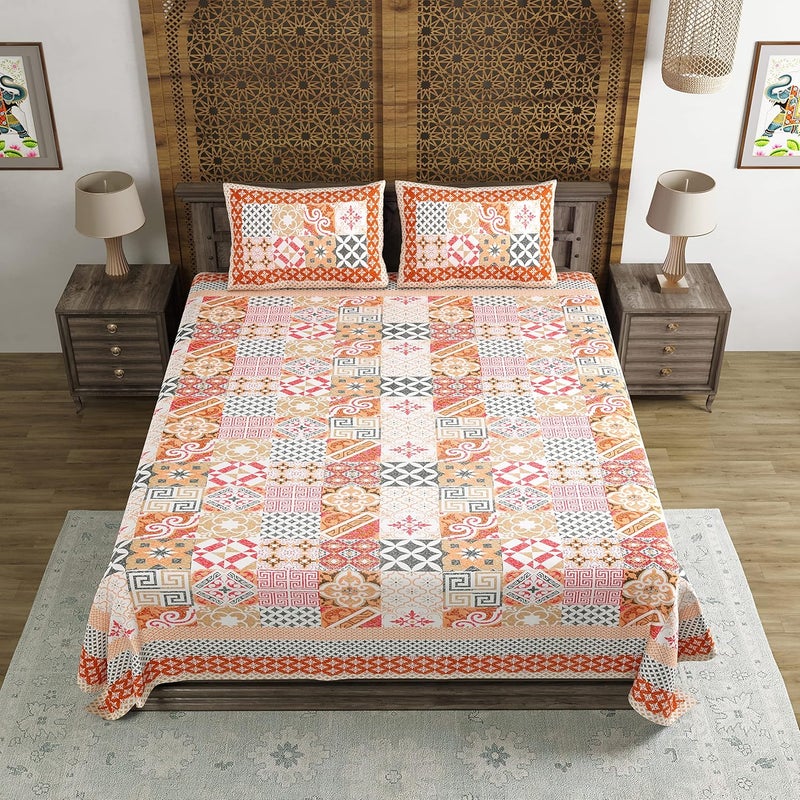 BLOCKS OF INDIA أغطية سرير كينغ بحجم قطن مطبوع يدويًا من الهند بلون برتقالي إيكات - Image 3