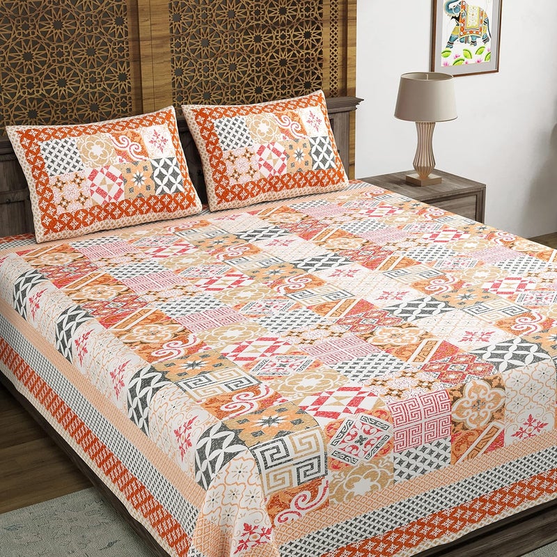 BLOCKS OF INDIA أغطية سرير كينغ بحجم قطن مطبوع يدويًا من الهند بلون برتقالي إيكات - Image 1
