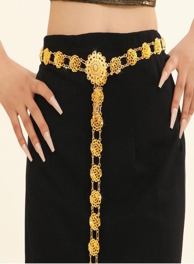 Idealway Indian Style 14 K Gold Plated Crystal Flower Turquoise Waist Belly Chains Dancing Beach Belt Body Jewelry (Rose flower) - Image 2