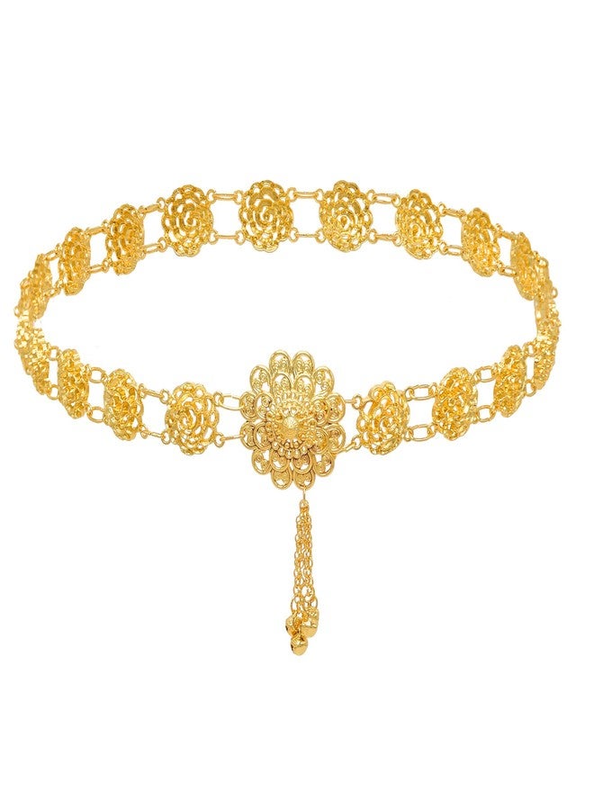 Idealway Indian Style 14 K Gold Plated Crystal Flower Turquoise Waist Belly Chains Dancing Beach Belt Body Jewelry (Rose flower) - Image 1
