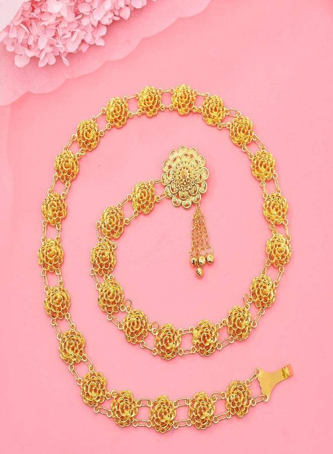 Idealway Indian Style 14 K Gold Plated Crystal Flower Turquoise Waist Belly Chains Dancing Beach Belt Body Jewelry (Rose flower) - Image 4