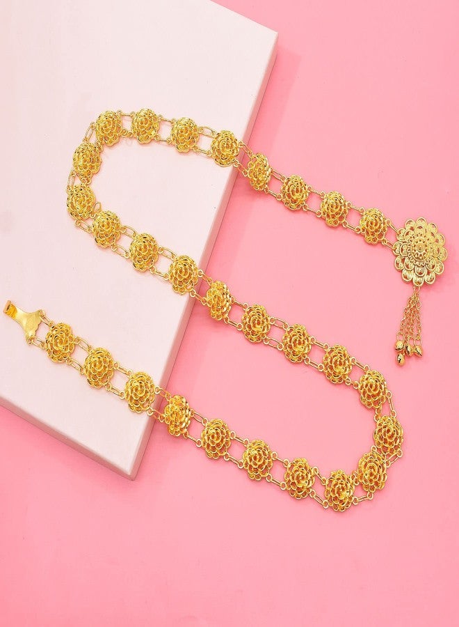 Idealway Indian Style 14 K Gold Plated Crystal Flower Turquoise Waist Belly Chains Dancing Beach Belt Body Jewelry (Rose flower) - Image 5