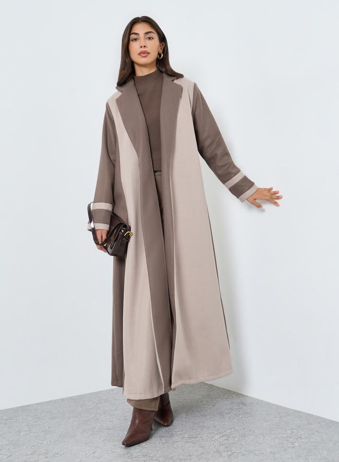 Amirah Beige Color Block Notch Label Collar Abaya - Image 1