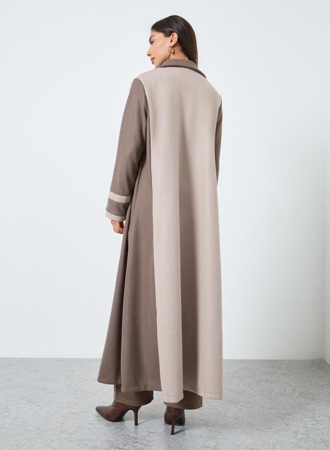 Amirah Beige Color Block Notch Label Collar Abaya - Image 5