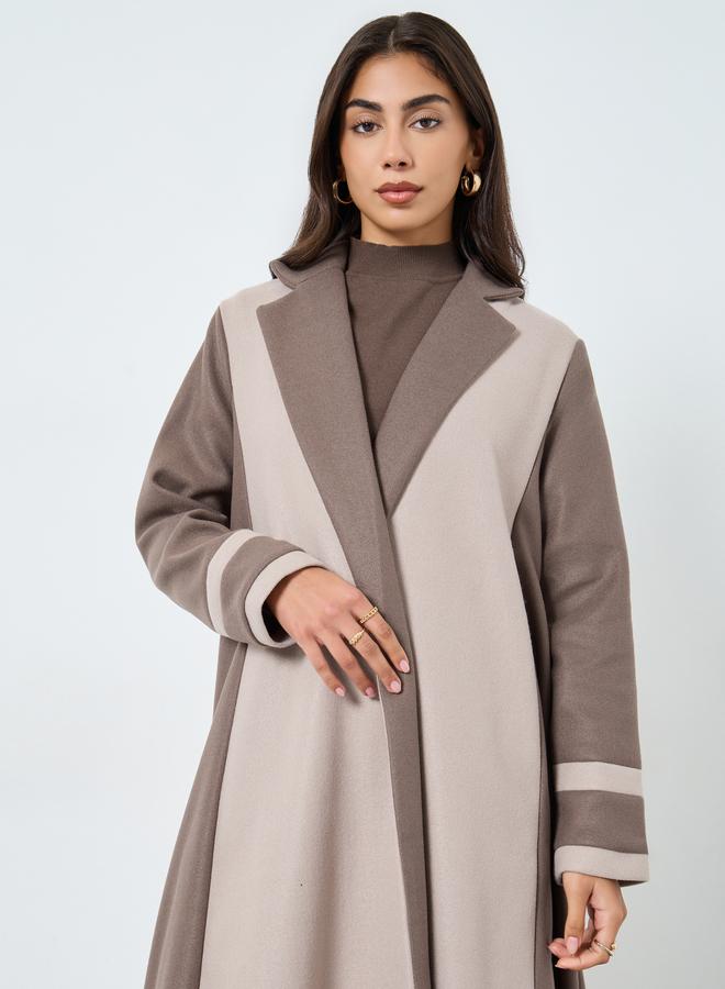 Amirah Beige Color Block Notch Label Collar Abaya - Image 3