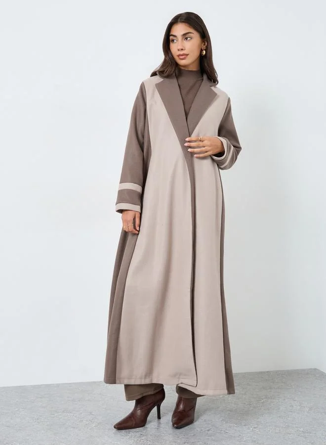 Amirah Beige Color Block Notch Label Collar Abaya